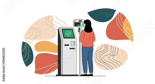 Woman using self-service kiosk for payment or check-in, modern technology, contactless transaction