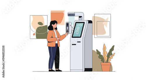 Woman using self-service kiosk for payment or check-in at modern terminal