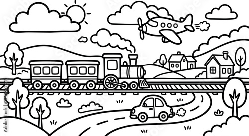 Black and white line art steam train moving on tracks with cartoon plane flying above and car driving on road in countryside landscape