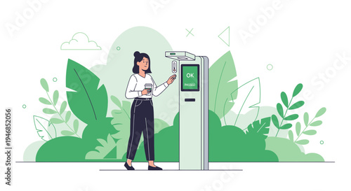 Woman using self-service kiosk with green nature background, modern technology