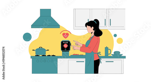Woman using smartwatch in kitchen, health monitoring, healthy lifestyle, cooking, technology