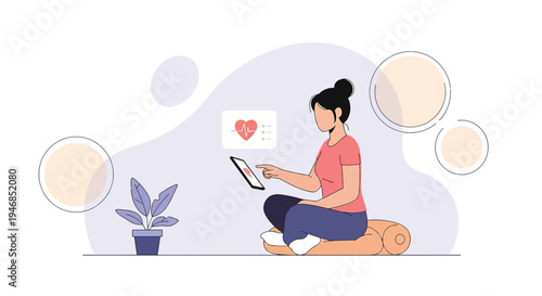 Woman using tablet for health monitoring, heart rate display, online wellness, digital health concept