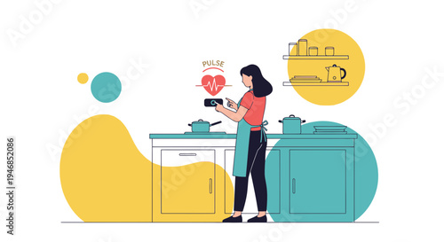 Woman using smartwatch in kitchen, tracking health metrics while cooking healthy food.