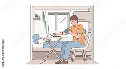 Young man checks his blood pressure at home, self-care and health monitoring