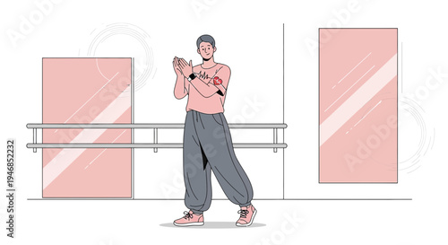 Young man dancing in a studio with mirrors and ballet barre, energetic movement