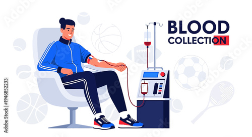 Young Man Donating Blood at Medical Center, Sports Background