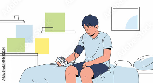Young man measuring blood pressure at home, health check, medical device