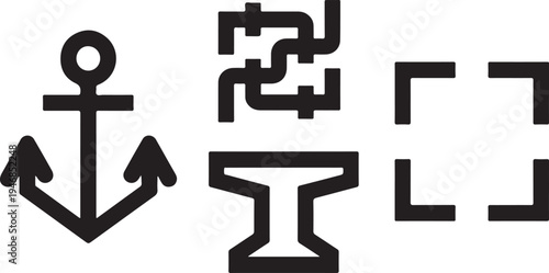 Black abstract shapes and anchor symbol on white background