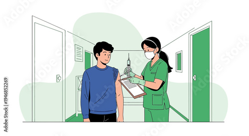 Young man receiving vaccine injection from nurse in clinic, healthcare concept