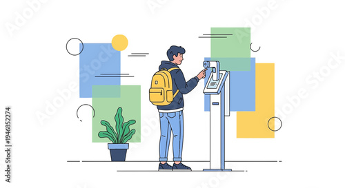 Young man with backpack using self-service kiosk for ticket or payment