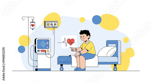 Young patient in hospital bed with medical equipment, monitoring heart rate and vital signs.