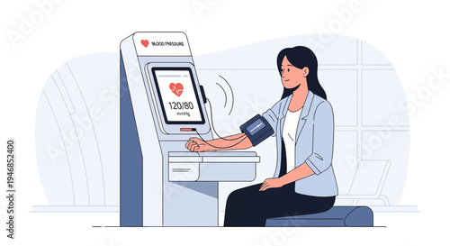 Woman uses self-service health kiosk for blood pressure check in modern clinic
