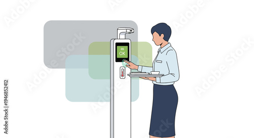 Woman using contactless temperature scanner and hand sanitizer dispenser