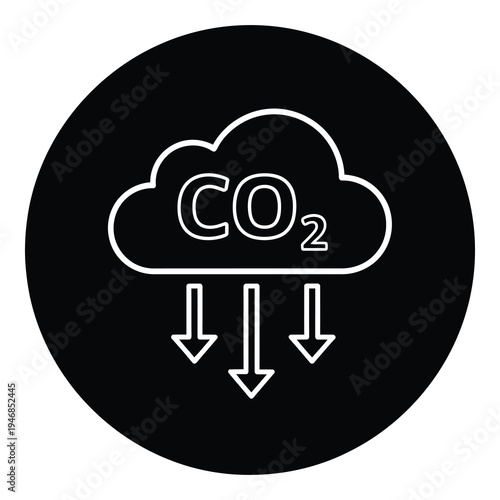 Carbon dioxide emission from cloud icon with white outline on black circle icon
