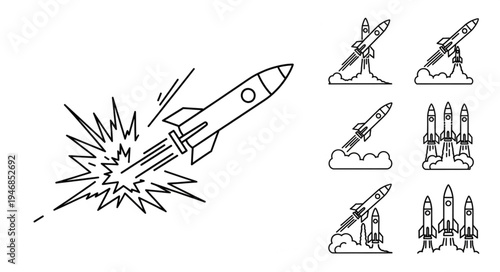 Rocket launch and explosion icons set.