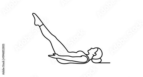 Woman performing Pilates exercise on floor with legs raised.