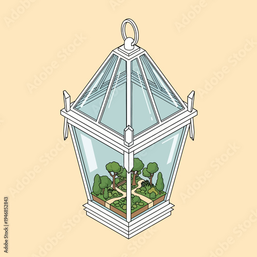 Isometric illustration of a terrarium with a miniature garden inside a glass lantern.