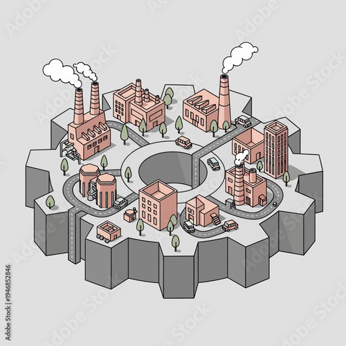 An isometric illustration of a gear-shaped industrial city with buildings and roads.