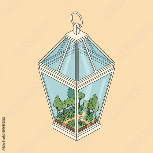 Isometric illustration of a terrarium with a miniature forest scene inside a glass lantern.