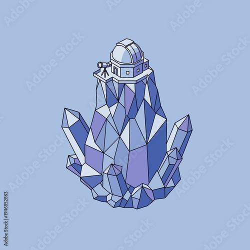 An isometric illustration of an observatory atop a crystalline structure, on a blue background.