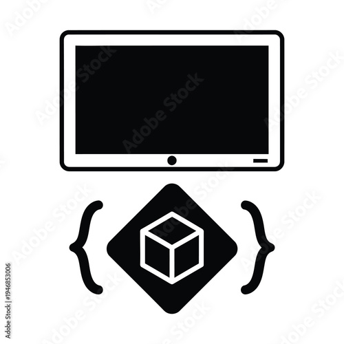 Computer screen with 3D cube icon and brackets symbol icon
