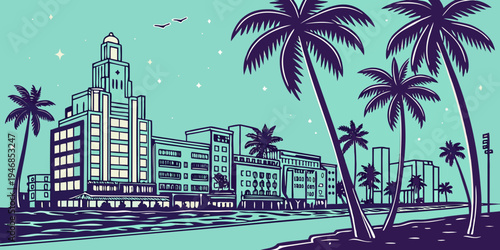 USA, US, U.S, United States - Miami South Beach neon skyline night panorama with palm trees tropical city vibe 
