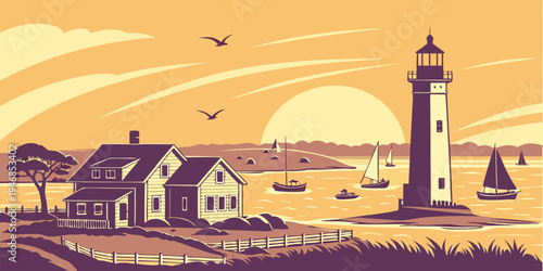 USA, US, U.S, United States - Nantucket charming harbor sunset panorama lighthouse coastal village
