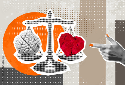 Trendy half tone collage. Emotion and intelligence balance, mind, feeling, choice, justice and mercy concept. Modern drawing of Brain and heart on scales in equilibrium.