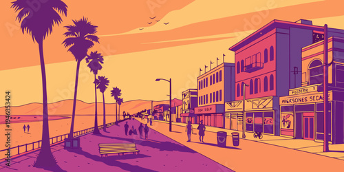 USA, US, U.S, United States - Venice Beach colorful boardwalk sunset panorama vibrant beach culture
