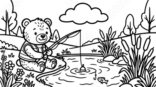 Black and white line art cute teddy bear fishing with rod sitting on riverbank surrounded by reeds flowers and trees under cloudy sky vector illustration