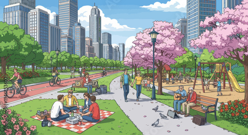 City park with people enjoying activities, cherry blossoms, and skyscrapers in background