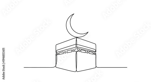 Kaaba and Crescent Moon Continuous Line Drawing, Islamic Symbolism