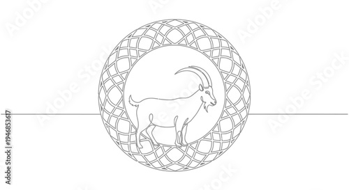 Minimalist Line Art Ibex Goat in Geometric Circle Emblem