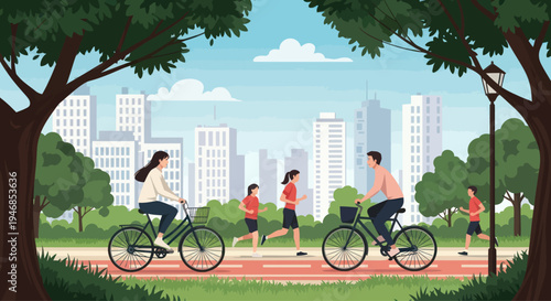 Family cycling and running in a park with city skyline background