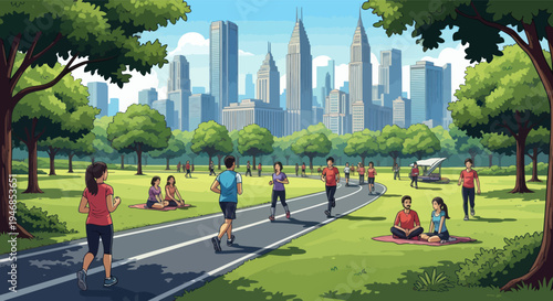 City Park Recreation: People jogging, picnicking, and relaxing with skyline background