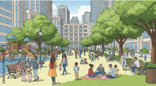 Vibrant Urban Park with Diverse People Enjoying Activities, Playground, and Green Spaces
