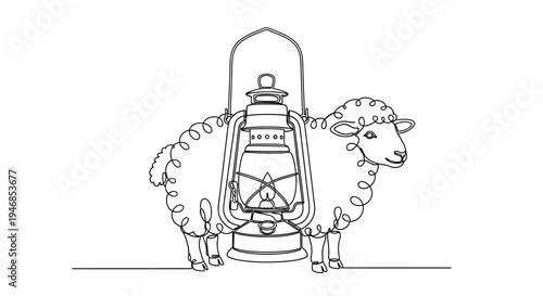 Sheep With Old Lantern, Continuous Line Drawing
