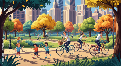 Autumn Park Scene: Families Cycling and Children Playing by City Skyline