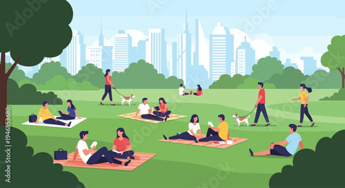 People enjoying a sunny day in a city park, picnicking and relaxing on green grass.