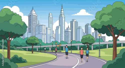 City park jogging path with skyscrapers skyline and green trees, people exercising
