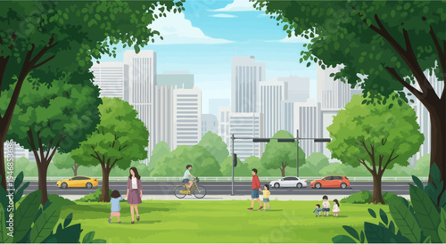 Vibrant City Park Scene with People Enjoying Outdoors and Modern Skyline