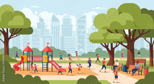 Vibrant City Park Playground with Diverse People Enjoying Outdoor Activities