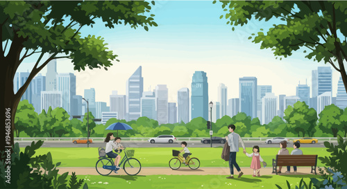 Urban park with families enjoying leisure time and city skyline background