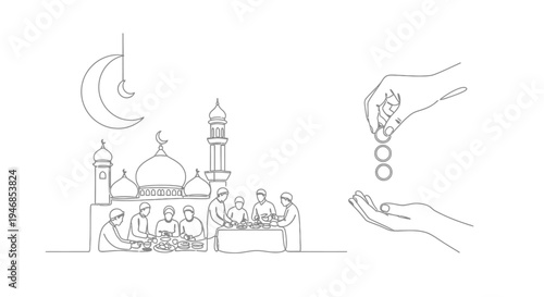 Ramadan Iftar and Charity - Continuous Line Art