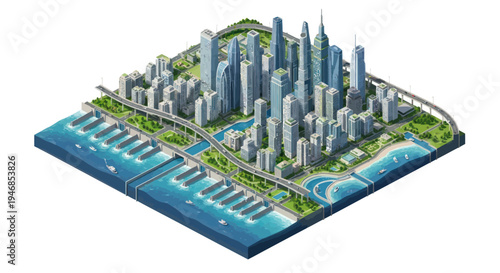Modern Isometric Cityscape with Skyscrapers, Waterways, and Infrastructure