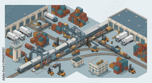 Isometric logistics hub with cargo train, trucks, forklifts and shipping containers