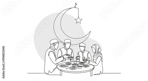 Ramadan Family Iftar Meal: Crescent Moon and Stars Celebration