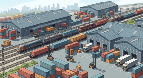 Busy freight train station with cargo containers, trucks, and warehouses, industrial logistics