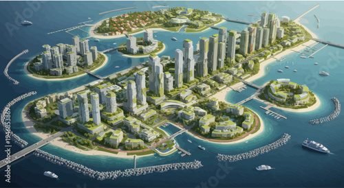 Futuristic island city skyline with modern skyscrapers and luxury yachts in clear blue water