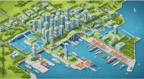 Modern Eco-Friendly Cityscape with Green Rooftops and Waterfront Harbor